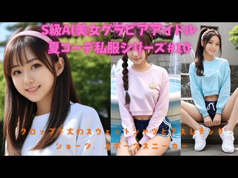 S級AI美女グラビアアイドル夏コーデ私服シリーズ#10 『クロップド丈のスウェットシャツとアスレチックショーツ、スポーツスニーカー』