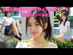 S級AI美女グラビアアイドル夏コーデ私服シリーズ#2 『白いTシャツをプリーツ入りミニスカートにイン、ローファーを合わせる。』