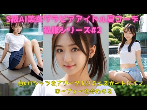 S級AI美女グラビアアイドル夏コーデ私服シリーズ#2 『白いTシャツをプリーツ入りミニスカートにイン、ローファーを合わせる。』